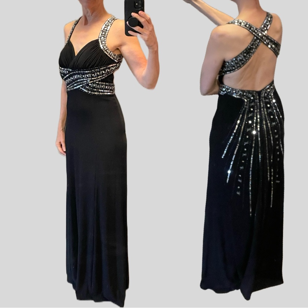 Black open-back gown with beading & sequins size 4